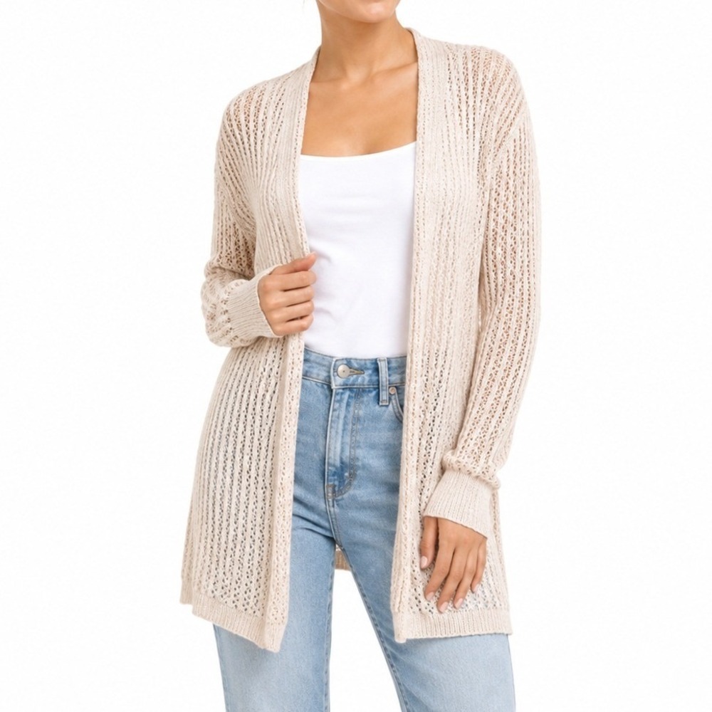 Mudd Cardigan Women Medium Cream Open Knit Lace Up Back Boho Lightweight Sweater
